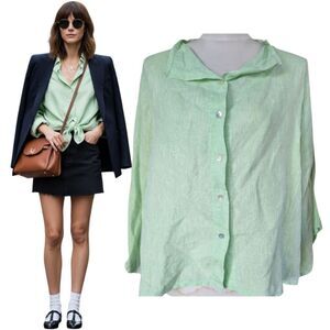 Alexia von Beck Light Mint Green 100 Linen Flowy Button Down Blouse L